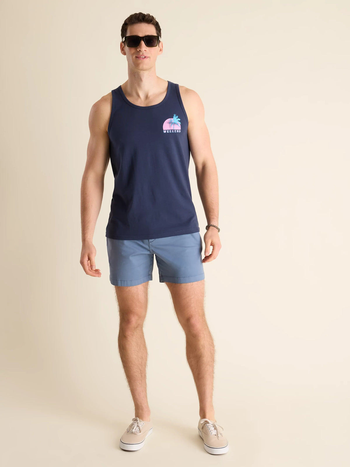 The Palm, Wave & Sunset (Non Pocket Graphic Tank) - Navy